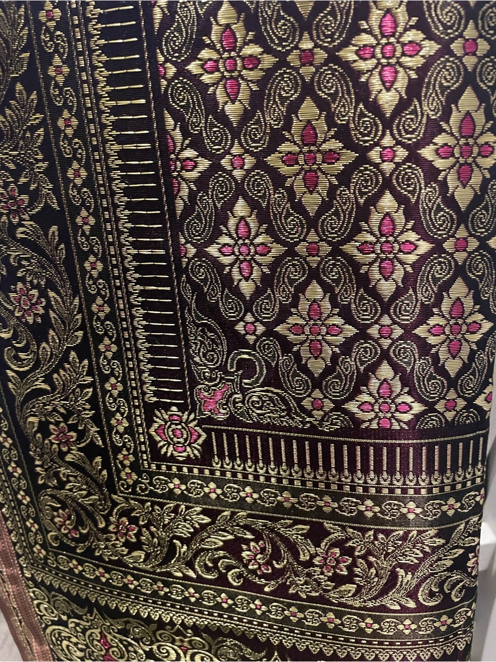 Asian Ceremonial Scarf,  Metallic Floral Brocade Fabric - Black, Gold